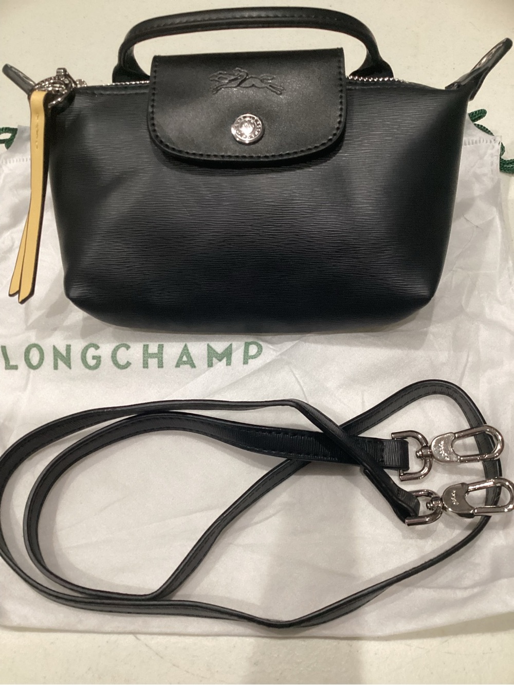 Longchamp Black Crossbody Le Pliage with Yellow Zip Pull